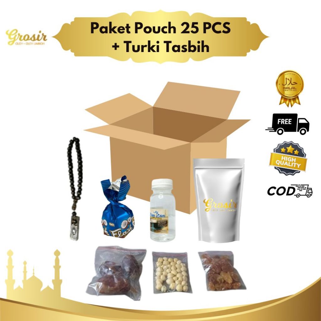 

Oleh Oleh Haji Paket Grosir Souvenir Umroh 25 Bingkisan Pouch Premium Ekonomis Hajj Gift Arab Saudi