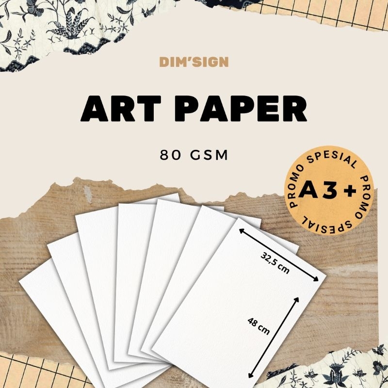 

kertas art paper 80gsm/100gsm/120gsm/150gsm dengan ukuran A3+ 32,5cm × 48cm ( 1 pack isi 40 lembar )