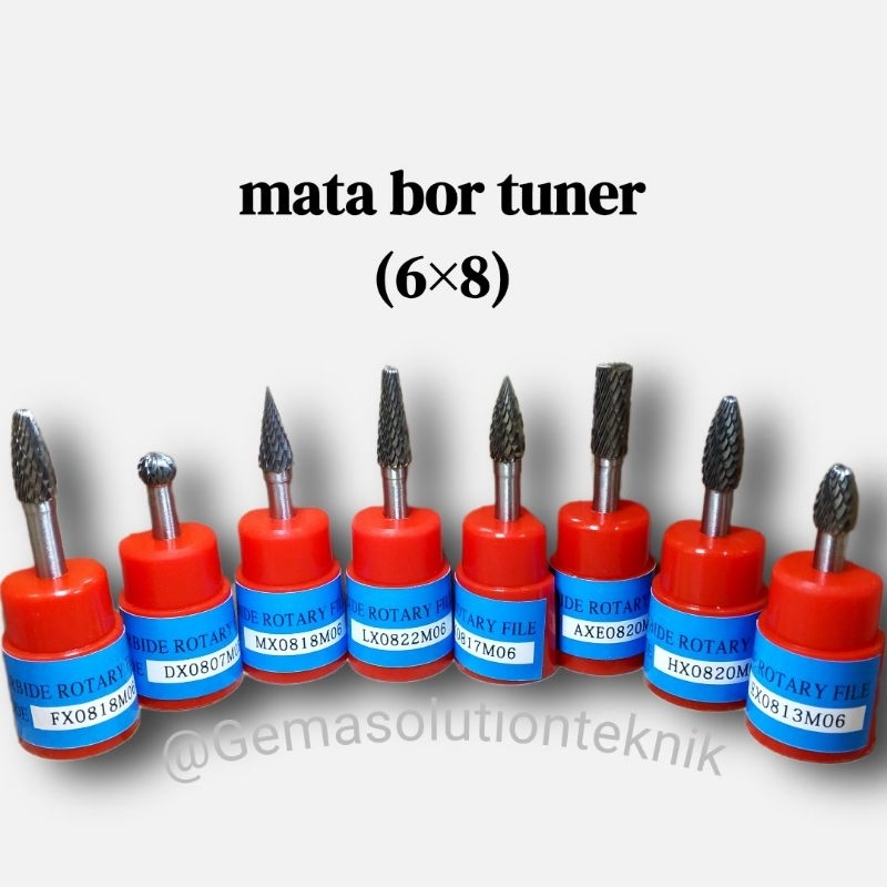 Mata bor tuner 6×8 carbide Cuner porting gagang 6mm kepala 8mm Rotary Burr 2 arah