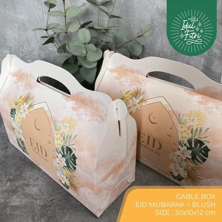 

( 10 pcs ) gable box idul fitri bahan ivory motif pink peach eid mubarak dus tenteng premium size 30x10x12 cm