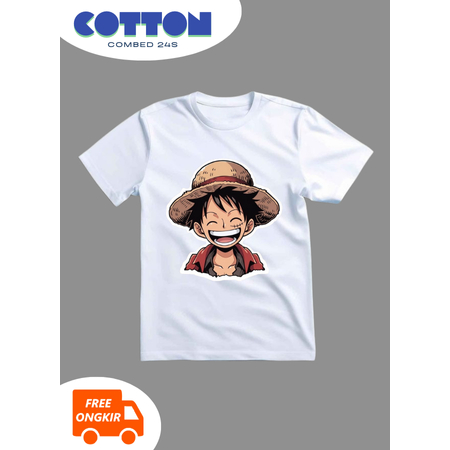 KAOS PUTIH REGULER LENGAN PENDEK GAMBAR ONE PIECE PRIA WANITA UNISEX S M L XL COMBED 24S