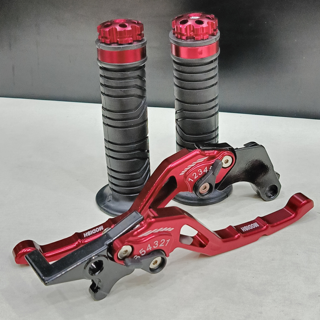 HANDLE REM +GRIP DAN KOPLING VARIASI FULL CNC UNTUK TIGER / VERGA / CB150R / SATRIA FU EMAS-MERAH