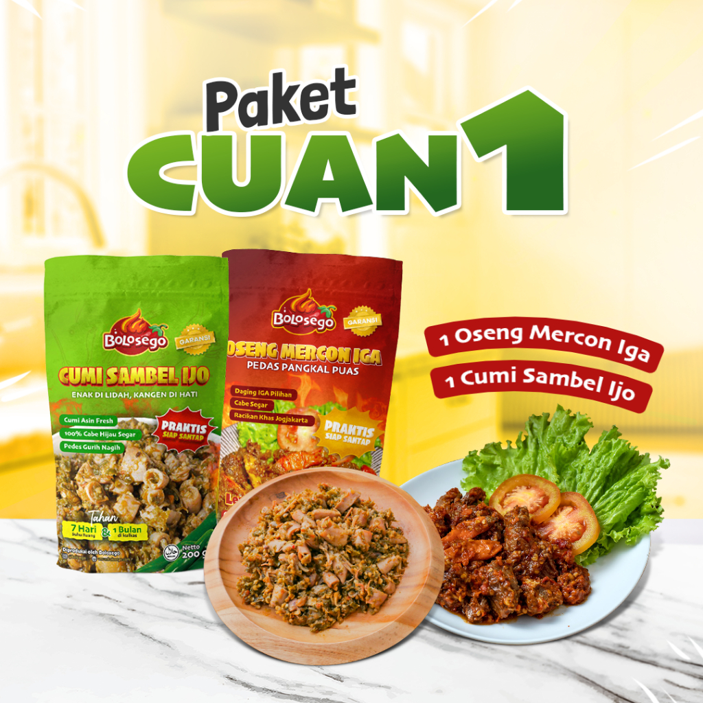 

PAKET CUAN 1 (1 oseng iga mercon & 1 cumi sambel ijo) PEDAS BOLOSEGO