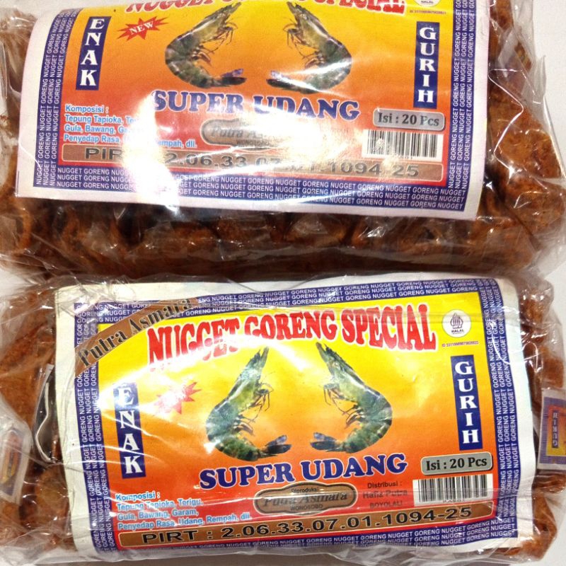 

Nugget goreng spesial super udang rasa pedas kemasan satu pack isi 20 bungkus.