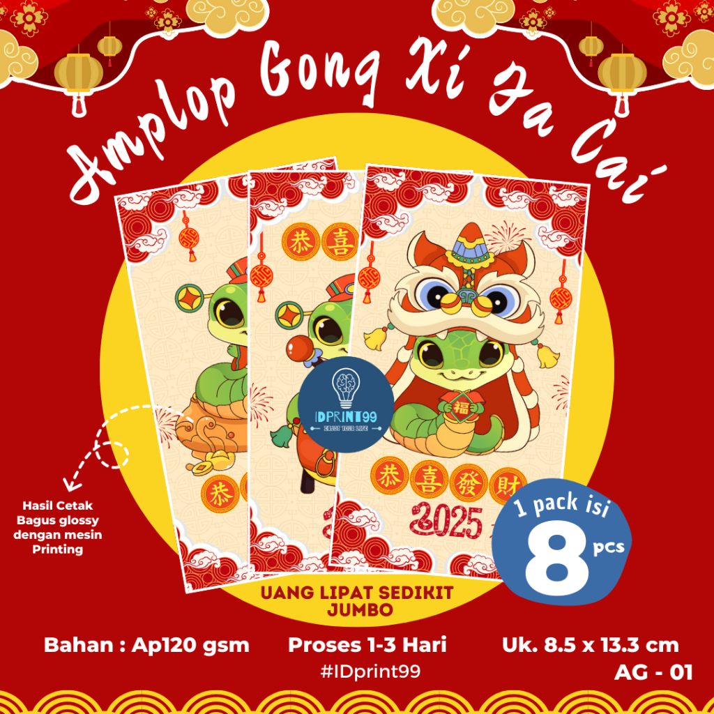 

[8pc AG-03] ANGPAO GONG XI FA CAI JUMBO EDISI SHIO ULAR 2025 | AMPLOP GONG XI FA CAI SHIO ULARJUMBO ISI 8 PC | 8.5 X 13.3 CM