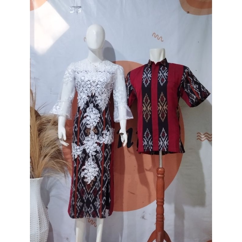 couple etnik baju natal baju pesta, dress kombinasi brokat ceplok putih