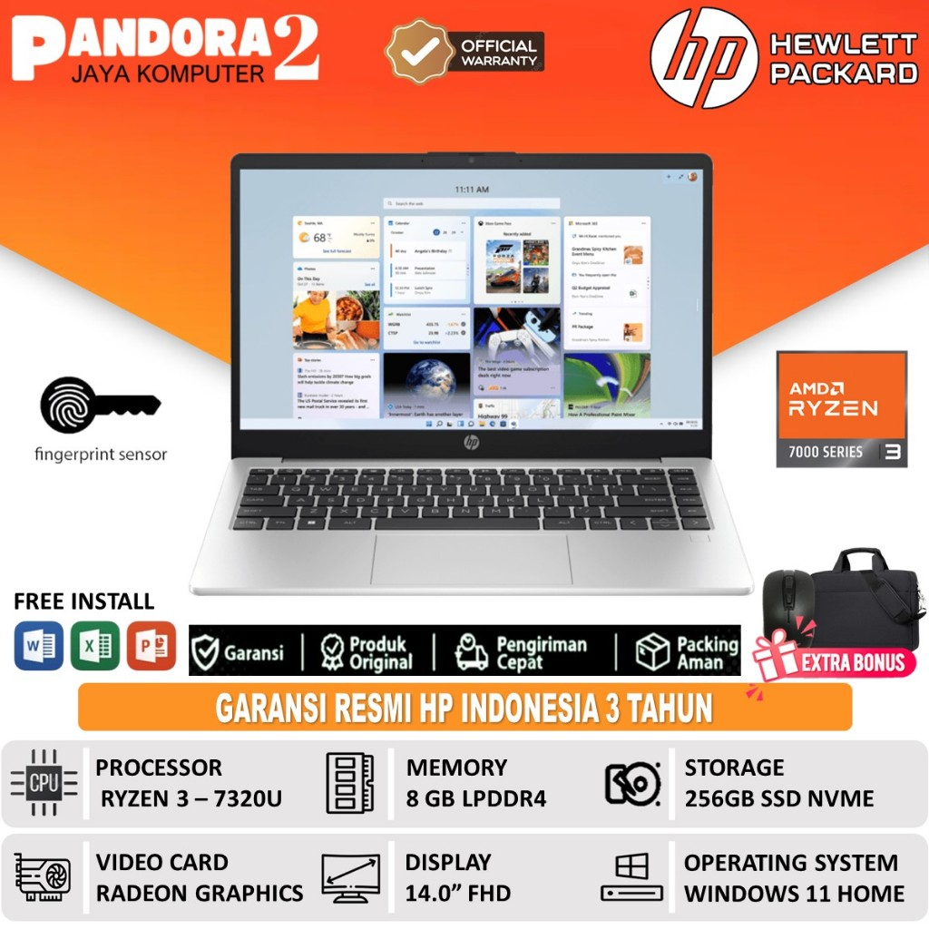 Laptop GAMING HP 245 G10 Ryzen 3 7320U 8GB 256GB 14 FHD Windows 11 Home Original