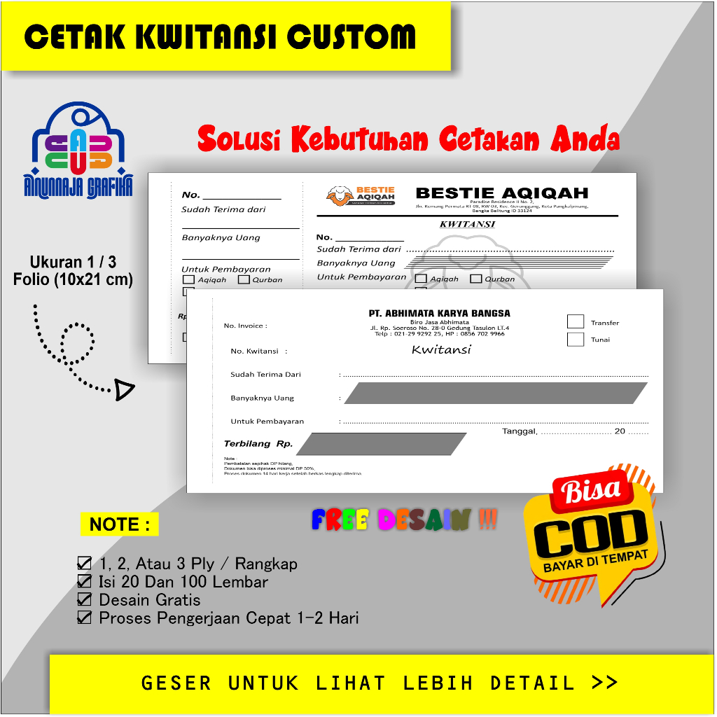 

Kwitansi Custom , cetak Kwitansi Custom ukuran 1/3 Folio atau 10 x 16 cm