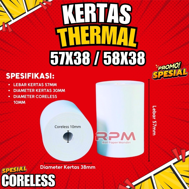 

ISI LEBIH BANYAK 10 Roll Kertas Thermal Kertas Struk 57x38/58x38 Coreless 10mm Kertas Paper Kasir