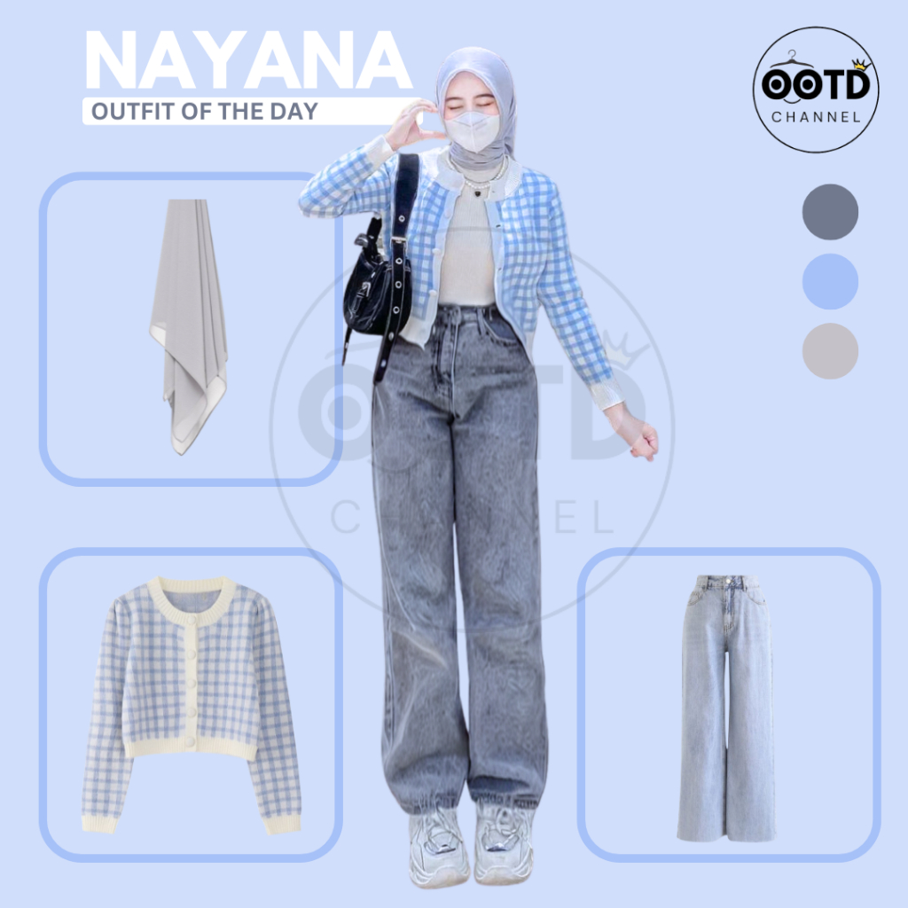 One Set 3in1 OOTD Hijab Friendly Kekinian Cardigan Rajut Snow Celana Kulot Jeans Bella Square NAYANA