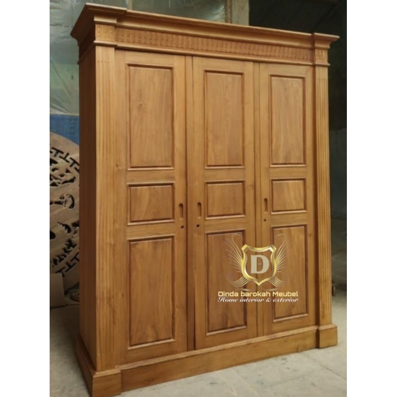 LEMARI PAKAIAN MODERN 3 PINTU KAYU JATI, LEMARI PAKAIAN KOLIBI MINIMALIS BERKUALITAS