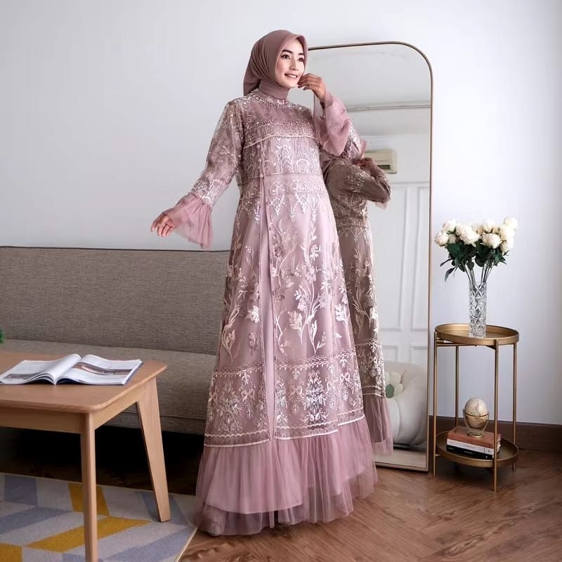 Gamis Syar'i Pink Embroidery Original Branded - Gamis Lebaran Trending - Gamis Pesta Elegan