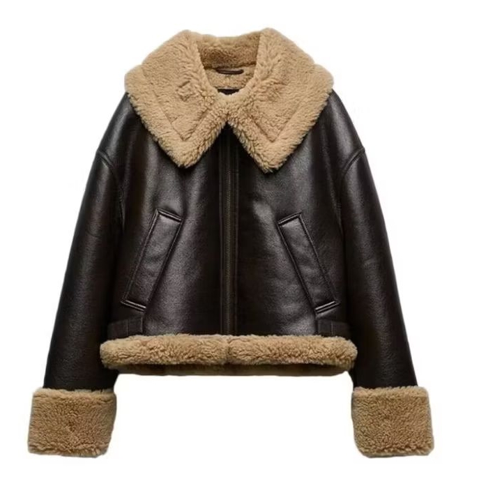 Jaket Semi Kulit Kerah Bulu Tebal Coklat- Jaket Wanita