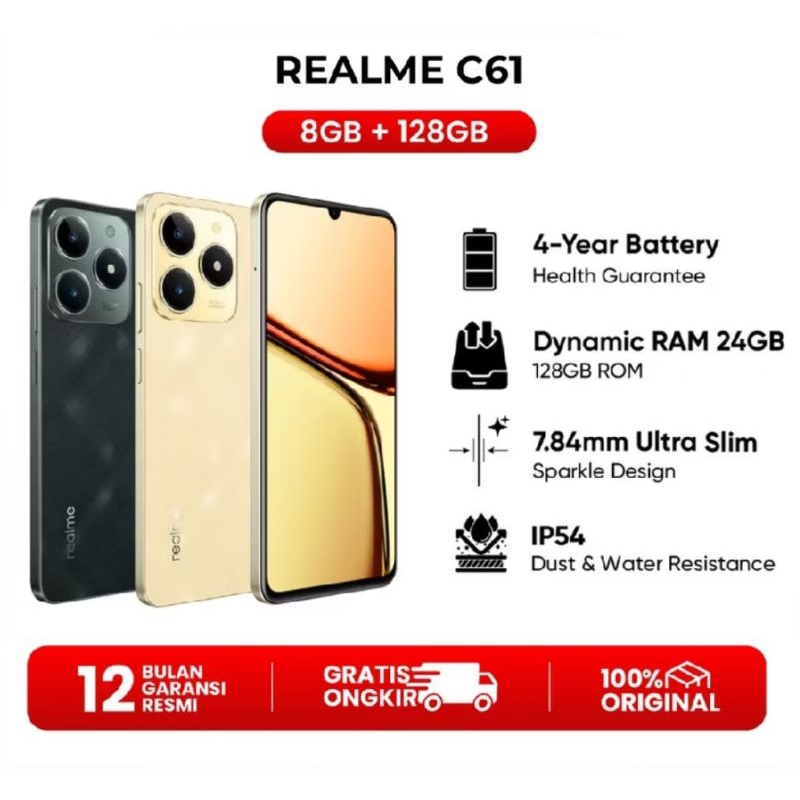 REALME C61 RAM 8/128 GB, GARANSI RESMI REALME INDONESIA HP SECOND BERKUALITAS TERSEDIA 2 PILIHAN WAR