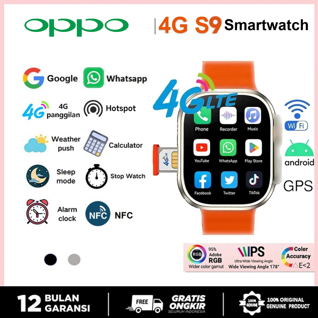 AIG [Bisa hotspot]OPPO 4G Sim card Smartwatch S9 Ultra ROM/RAM:4+64GB Bisa Nonton Youtube TikTok