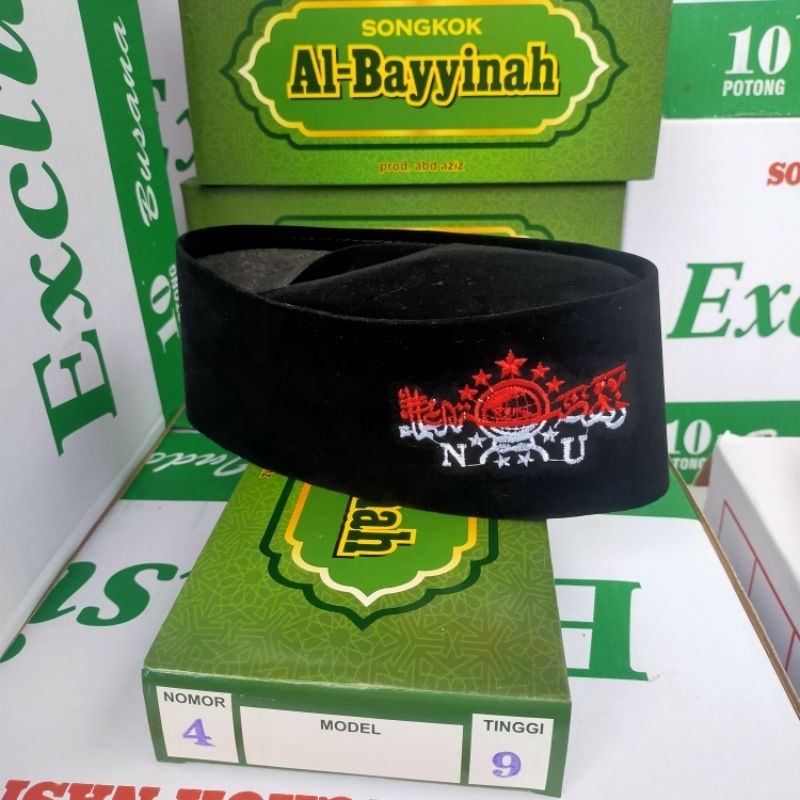 Songkok Hitam Bludru NU Merah Putih Nomor 4 Tinggi 9 | Peci Kopyah Kupluk Nasional Al Bayyinah Logo 