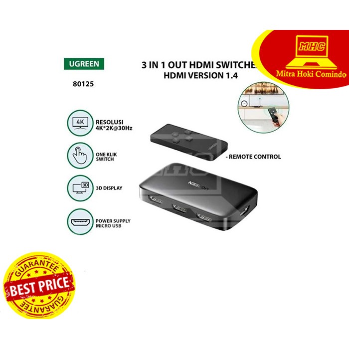 HDMI SWITCH 4K UGreen 3 IN 1 OUT HDMI SWITCHER PN 80125