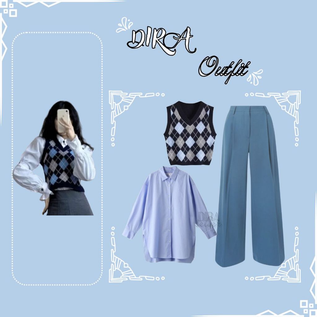 DR 463 - outfit dira vest diamond biru kemeja sky blue dan celana biru loose pants oneset 3in1 wanit