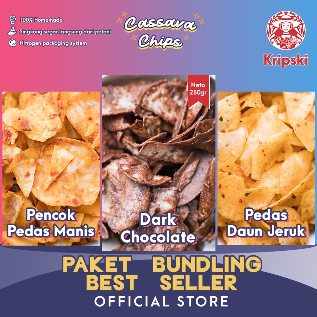 

Bundling Best Seller “Pedas Daun Jeruk + Dark Cocolate + Pencok Pedas Manis” 250gr Keripik Singkong