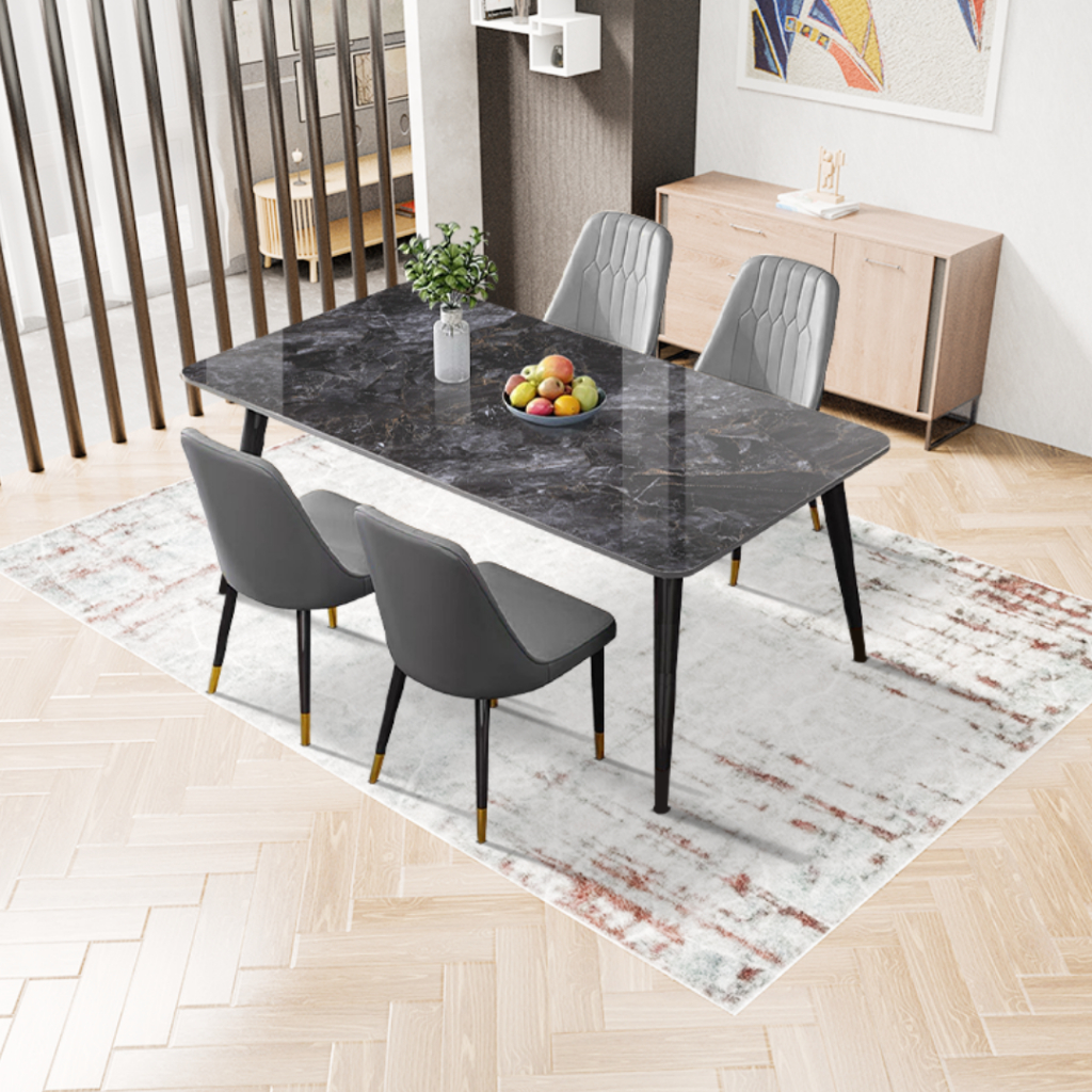 Set Meja Makan Batu Sinter Hitam Kursi Minimalis Abu