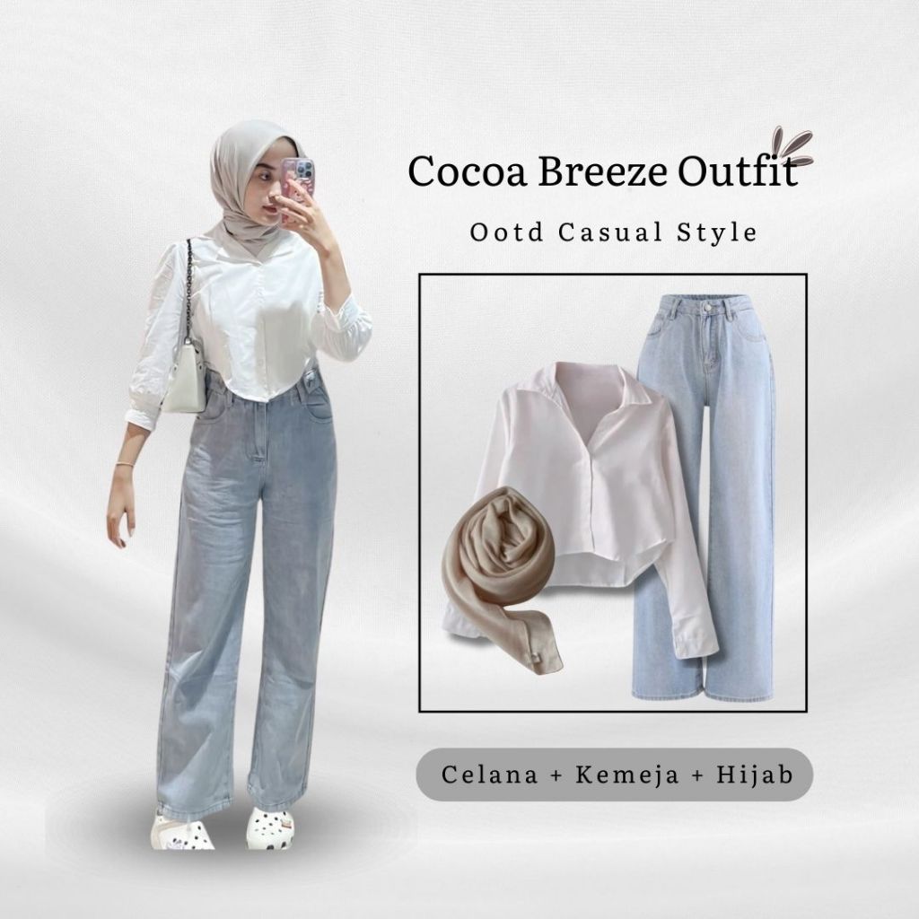 One Set Remaja Kekinian (Kemeja Crop, Kulot Jeans, Hijab Bella) Ootd Hijab Kekinian  YS-17