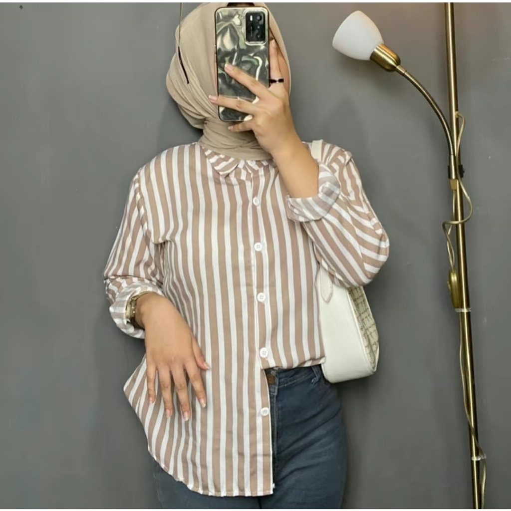Kemeja Stripe Shirt Wanita Kekinian Lengan Panjang By Azka Collection