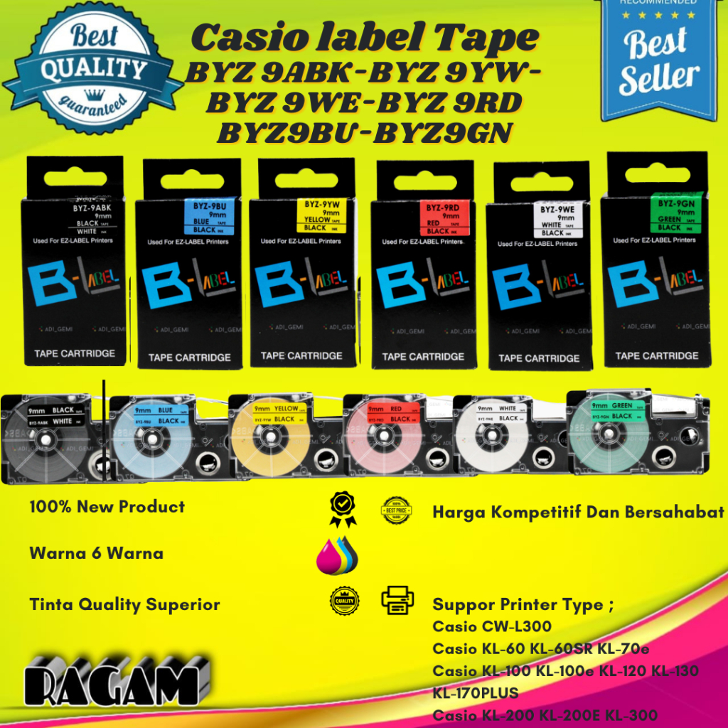 

Compatible Label Tape Casio BYZ 9ABK,BYZ 9WE, BYZ 9RD ,BYZ 9BU, BYZ 9YW 1Paket - 9mm