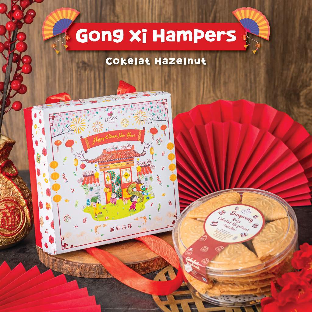 

Hampers Imlek CNY Gong Xi Isi Cokelat Hazlenut Loves Semprong