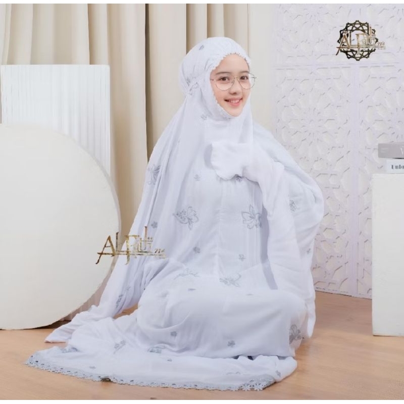 Mukena Terusan Bordir Bunga Fairy Love Rayon Timbul Lajuran Dewasa