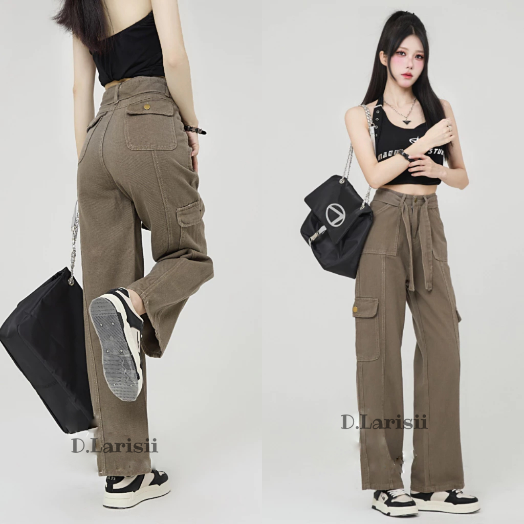 Celana Cargo J41 -Celana Jeans Wanita Highwaist Tali Pinggang Loose Pants Cargo - Celana Cargo Jeans