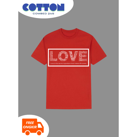 BAJU KAOS MERAH BATA LENGAN PENDEK TULISAN KOREA LOVE WANITA S M L XL COMBED 24S
