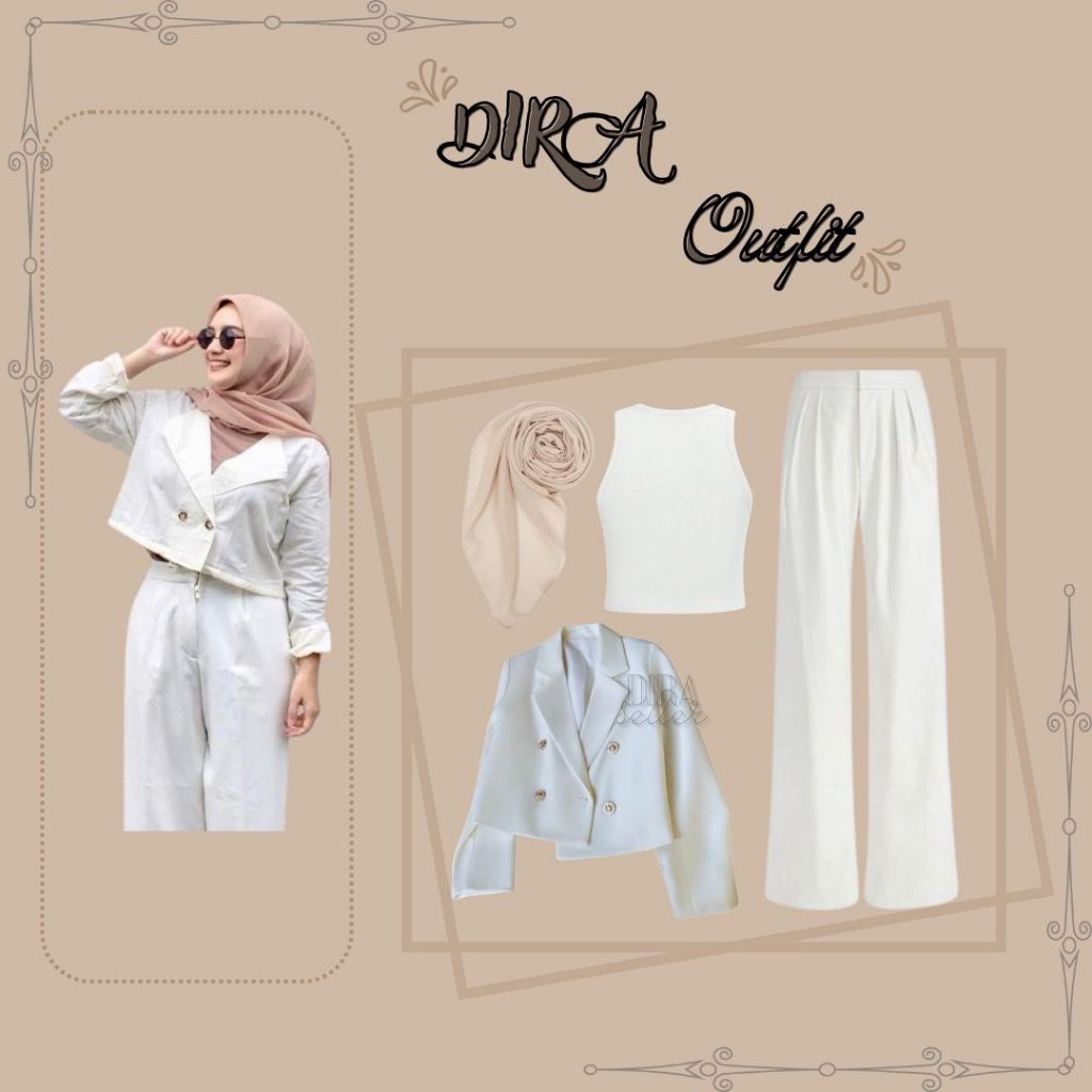 DR 466 - outfit dira hijab bella square biscuit tanktop crop rajut putih adara blazer crop putih dan