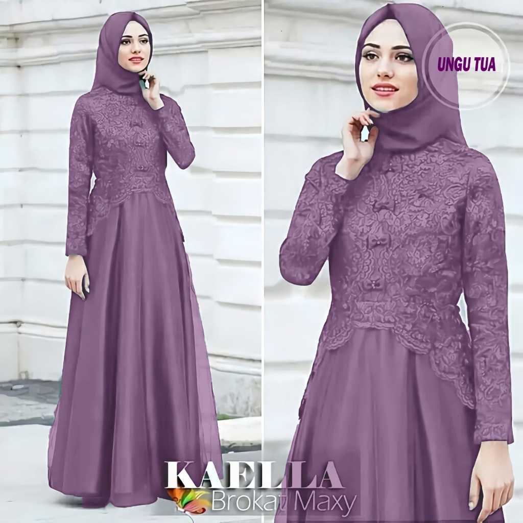 Kaella Maxy Gamis Kondangan Wanita Kekinian Mix Brokat Motif Daun Bahan Crinkle / Gamis Kebaya Broka