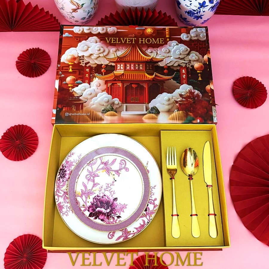 Hampers imlek Piring Peralatan Makan Dining SET Red Peony Gift set emerald hamper bunga piring makan
