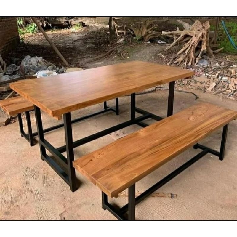 SET MEJA MAKAN - SET MEJA WARUNG - MEJA CAFE - SET MEJA CAFE BESI KOMBINASI TOP KAYU INDUSTRIAL