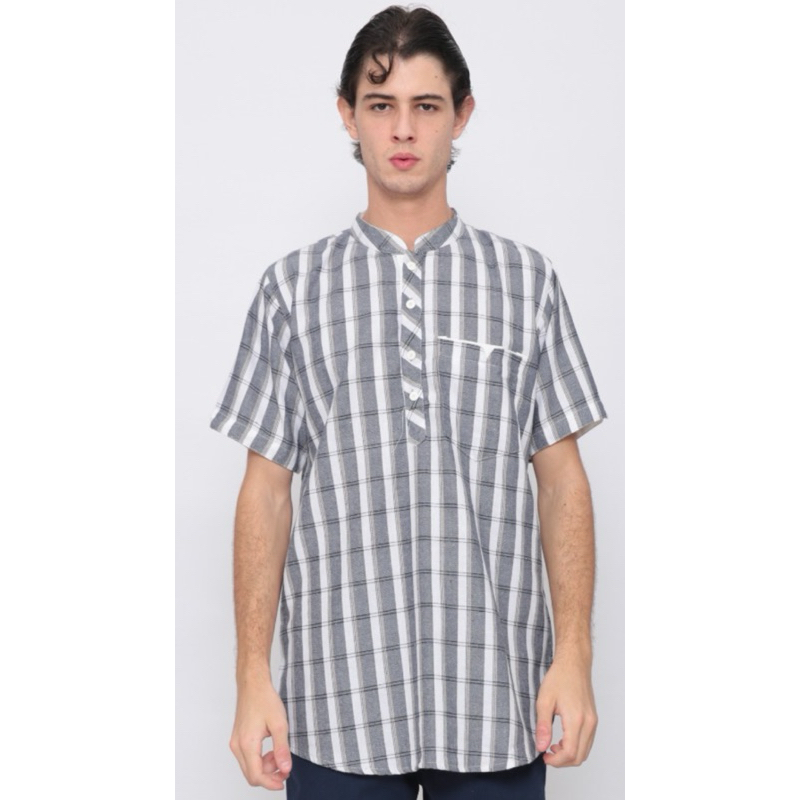 Kemeja kurta motif kotak lengan pendek bahan planel