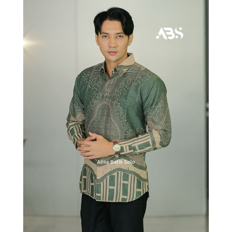 ALISA Sage Green Kemeja Batik Pria Slimfit Lapis Furing Katun Lengan Panjang