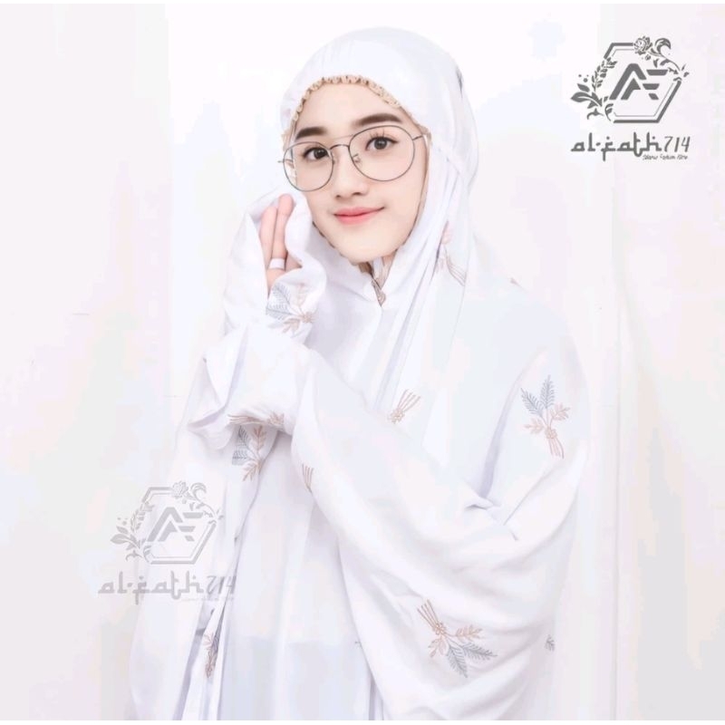 ALRAZZAQ - Mukena Terusan Bordir All White Variant Rayon Timbul Lajuran Dewasa