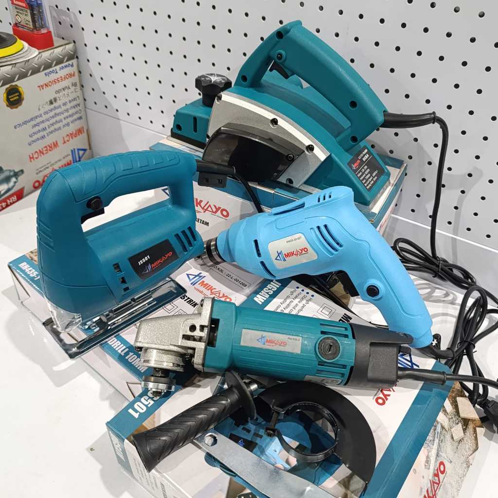 PAKET 4 ITEM PROMO MURAH  GERGAJI JIGSAW MESIN JIGSAW + BOR LISTRIK 10MM KAIROS + GERINDA MIKAYO