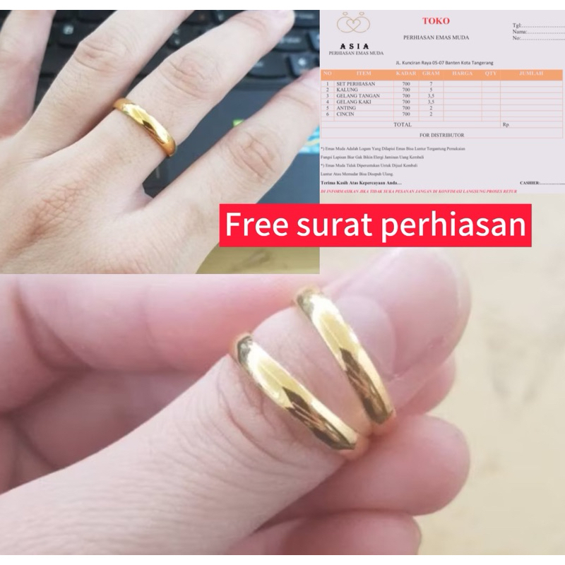 Cincin Emas Asli Satu Pasang 24karat Hailay 689 Polos -+ 1gram Ada Surat