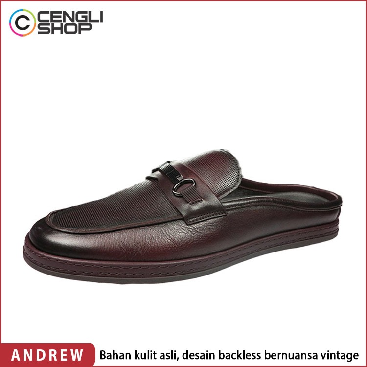SEPATU SANDAL ANDREW PRIA ORIGINAL KULIT ASLI ORI SENDAL SLIP ON SLOP SELOP COKLAT BROWN ANM01