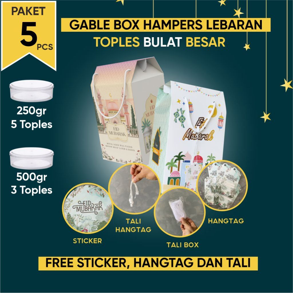 

5pcs Gable Box kotak hampers Lebaran idul fitri Tali jinjing/Box Hampers besar toples BULAT Kue Kering Idul Fitri / estetik finishing foil (Paket 5pcs) muat toples BULAT (250gr : 5 toples) atau (500gr : 3 toples)