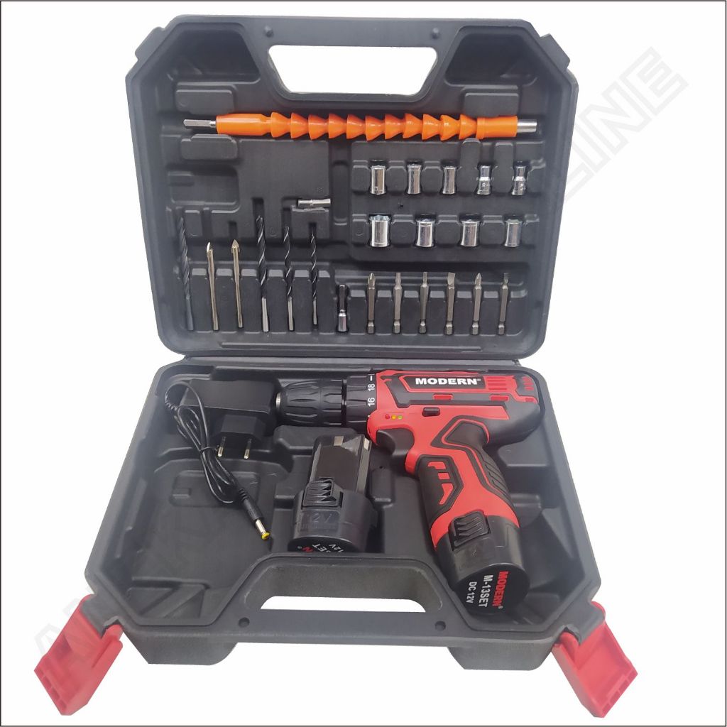 (MODERN M13SET) Mesin Bor CORDLESS 10mm MODERN M13 SET /Mesin Bor Obeng 10mm 12v Baterai M-13SET/  M