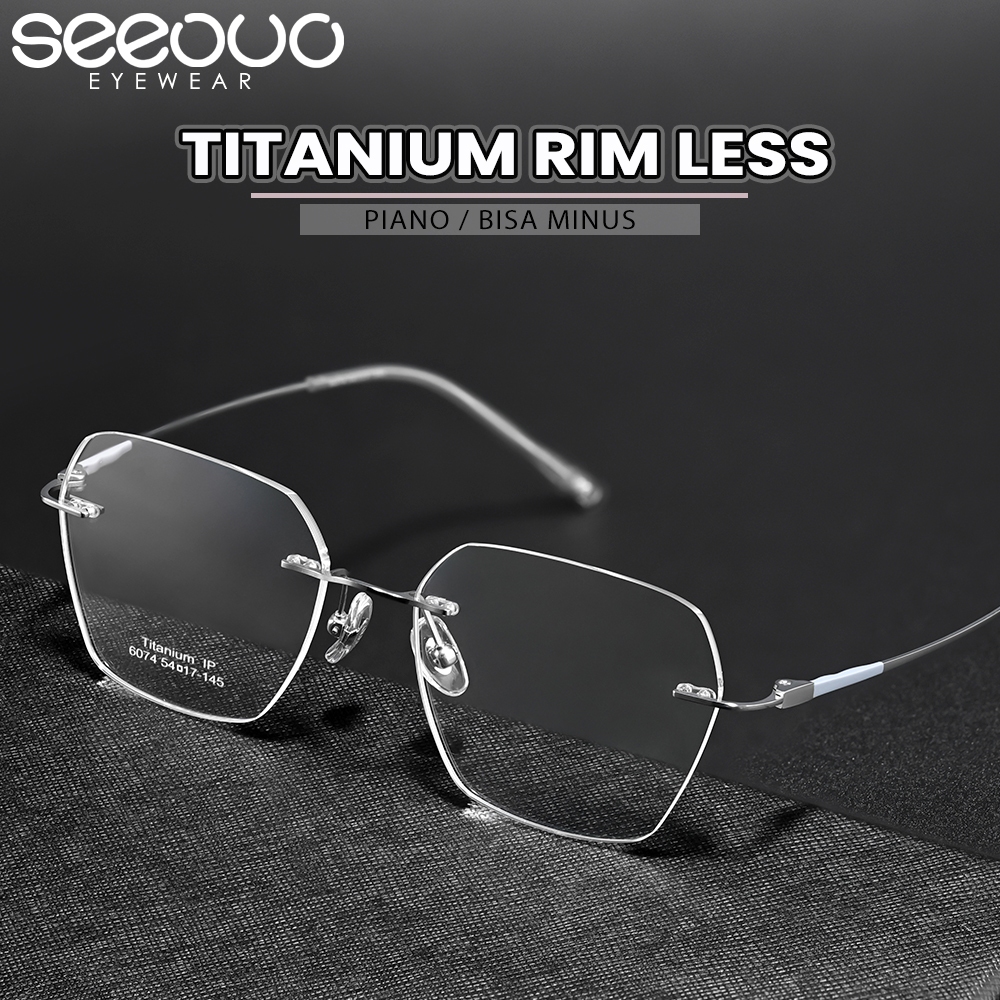 Seeouo Frame Kacamata Plano Model Kotak Geometric Frame Rimless Style Glasses Unisex Simple High Qua