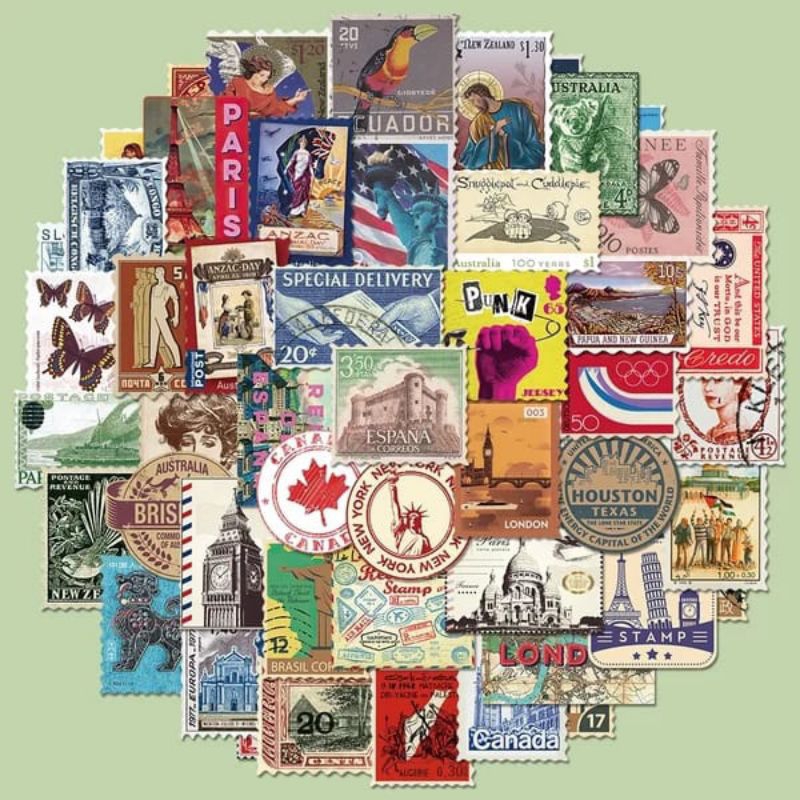 

koleksi stiker perangko water proof set of 50 anti air