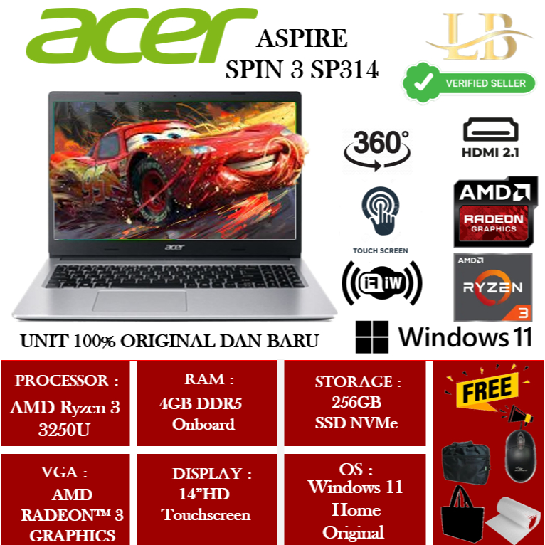 Laptop Gaming Touchscreen Acer Spin 3 SP314 Amd Ryzen 3 3250U 4GB 256GB 14"HD Win11