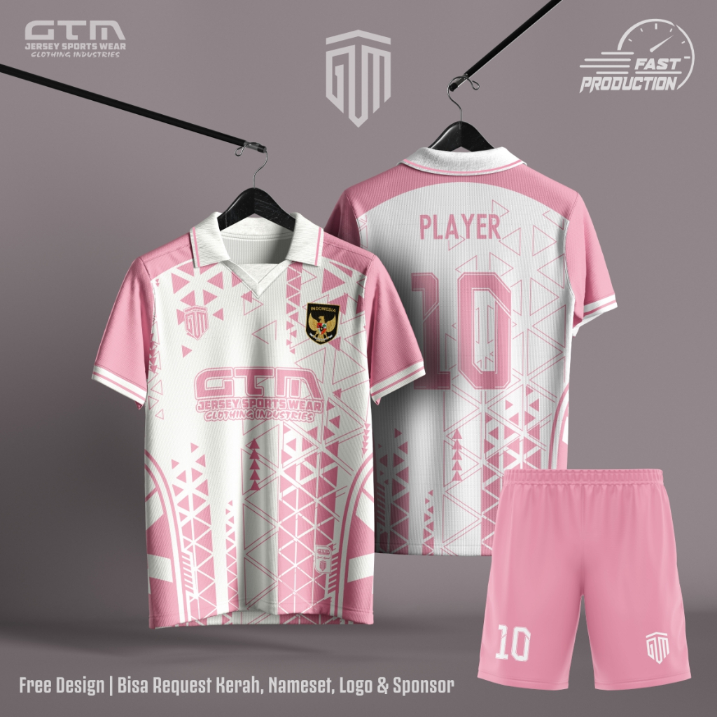 Jersey Bola Futsal Putih Pink Kerah Retro ~ Free Custom Design 0014
