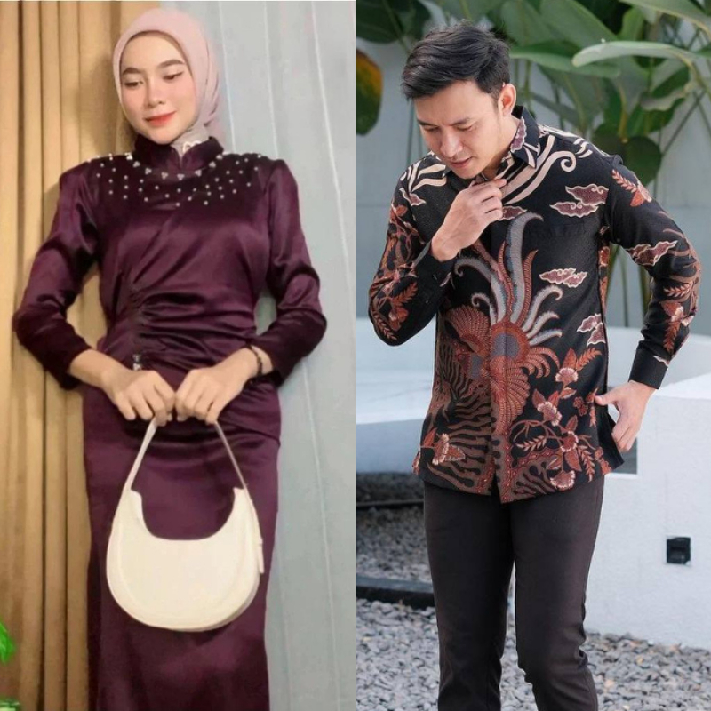 Gamis Couple Lebaran Vina Dress Satin Couple Dress Burgundy Gaun Duyung Gamis Couple Lebaran 2025