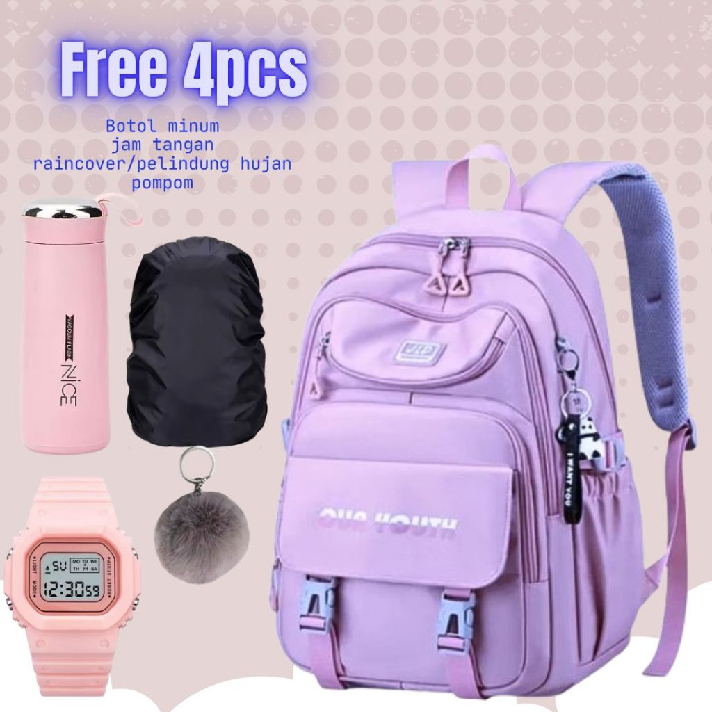Tas Ransel Ouryouth Backpack Sekolah Anak Prempuan Free Botol Minum Free jam Tangan Free Mantel Huja
