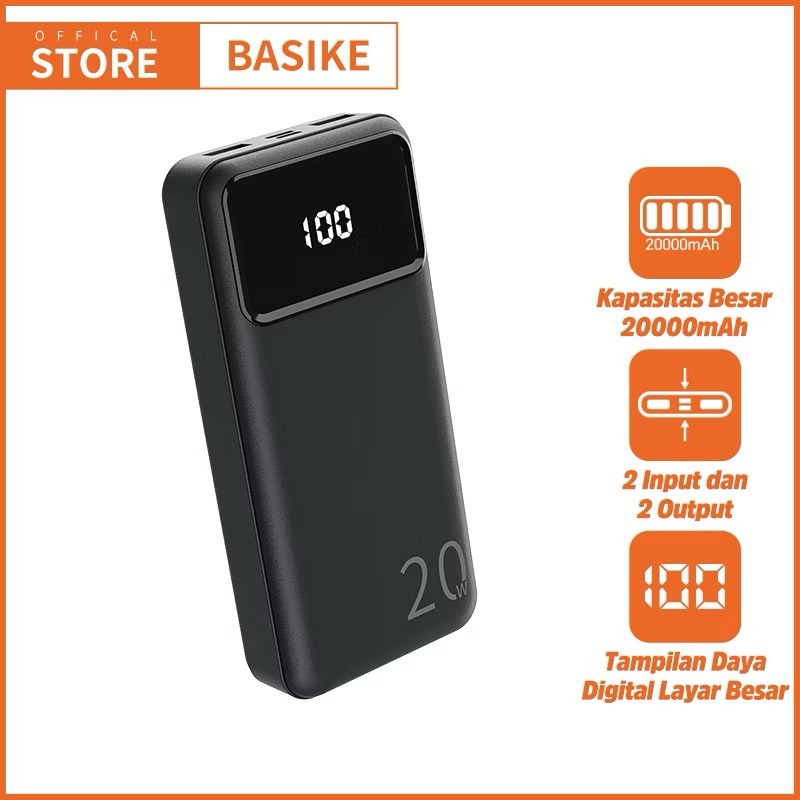 BASIKE Powerbank 10000 mah Fast Charging Type C LCD Mini Murah Dual USB Black
